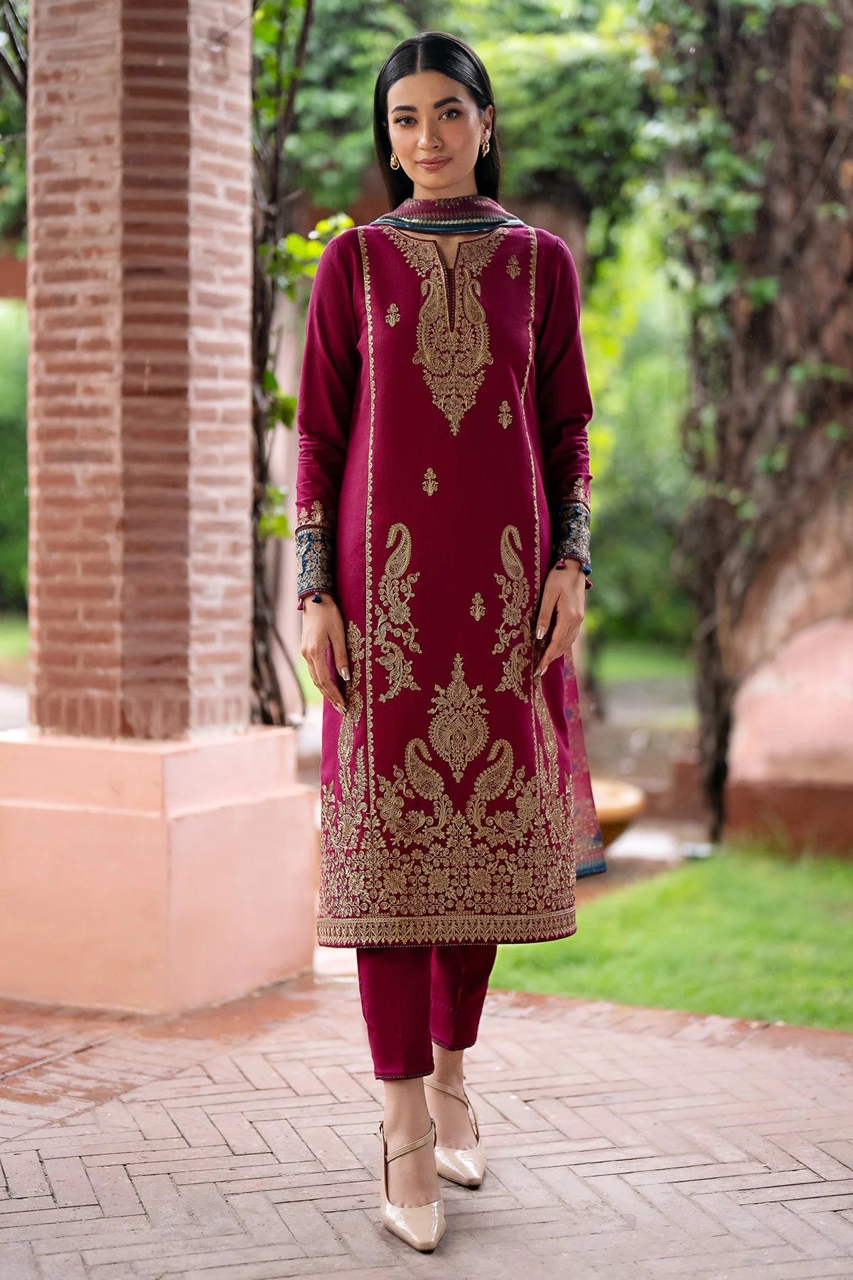 JAZMIN - 3PC DHANAK EMBROIDERED SHIRT WITH PRINTED TWILL SHAWL AND TROUSER -KPR798