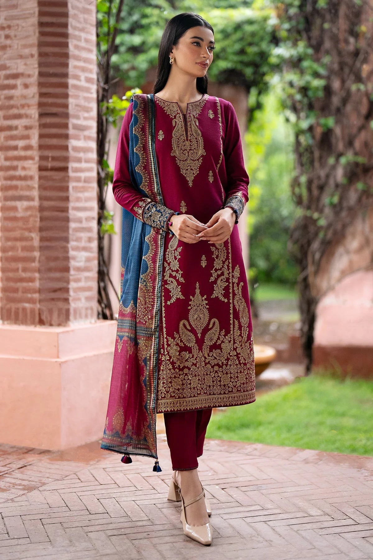 JAZMIN - 3PC DHANAK EMBROIDERED SHIRT WITH PRINTED TWILL SHAWL AND TROUSER -KPR798