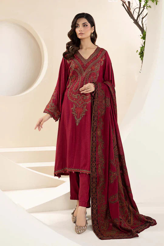 MARIA B-3PC KHADDAR EMBROIDRED SHIRT WITH WOOL PRINT SHAWL AND TROUSER-ADR-3268 B