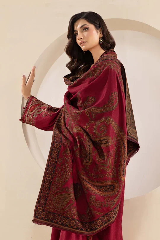 MARIA B-3PC KHADDAR EMBROIDRED SHIRT WITH WOOL PRINT SHAWL AND TROUSER-ADR-3268 B