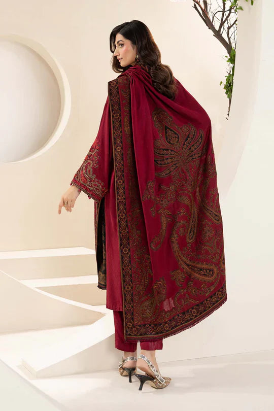 MARIA B-3PC KHADDAR EMBROIDRED SHIRT WITH WOOL PRINT SHAWL AND TROUSER-ADR-3268 B